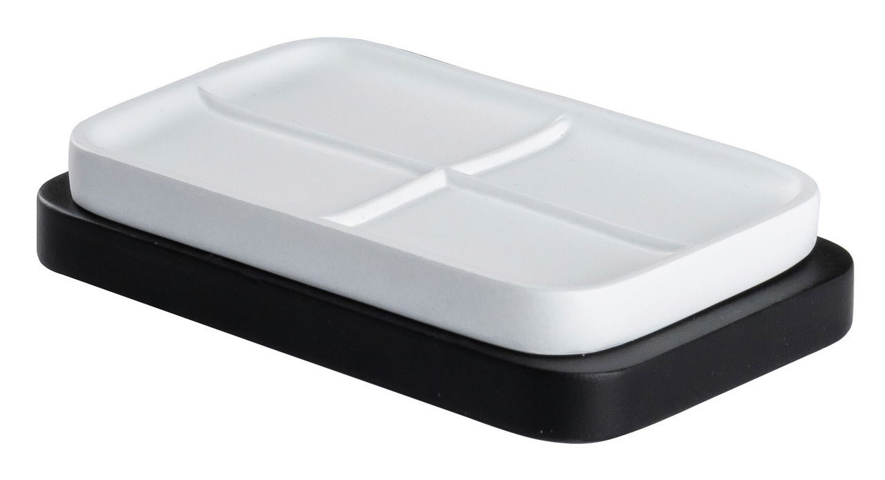 Weiße Seifenschale mit schwarzem Unterteil, seitliche Perspektive