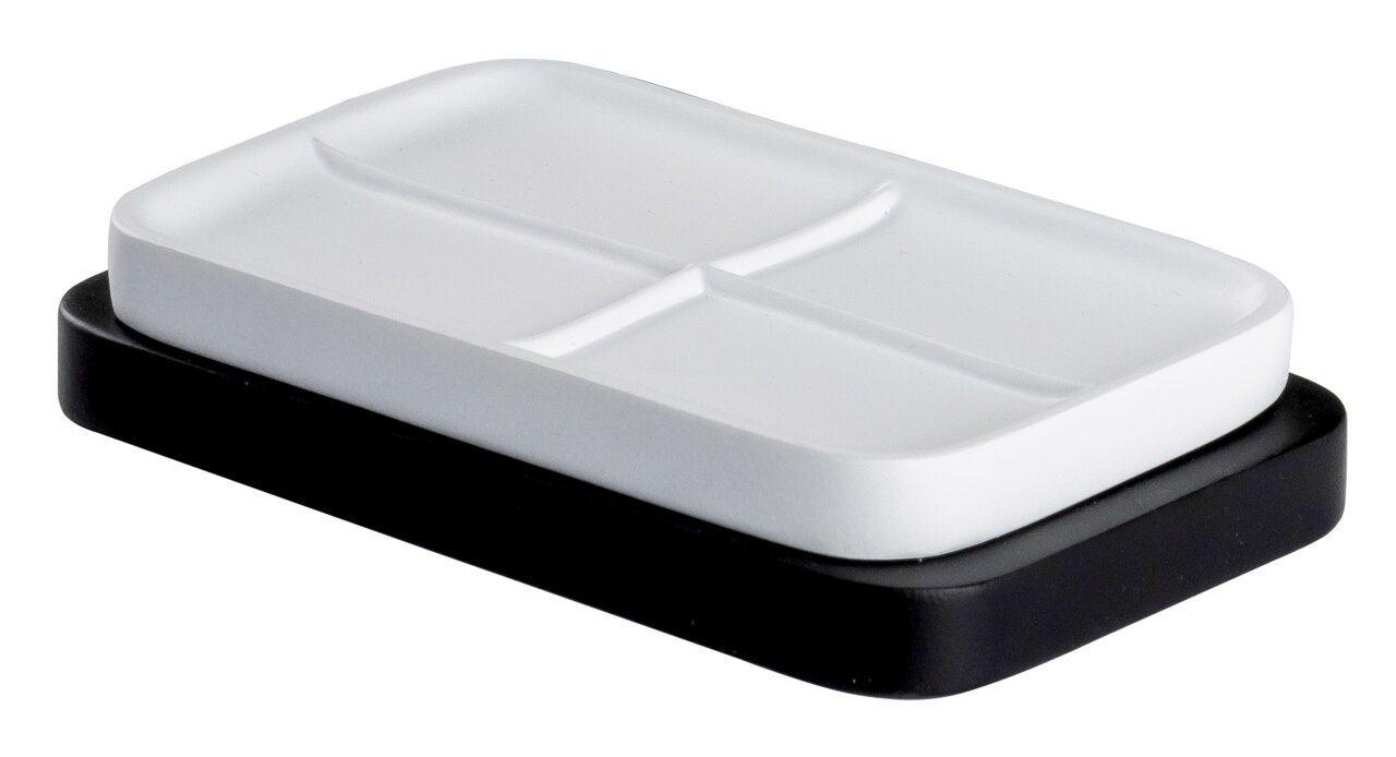 Weiße Seifenschale mit schwarzem Unterteil, seitliche Perspektive