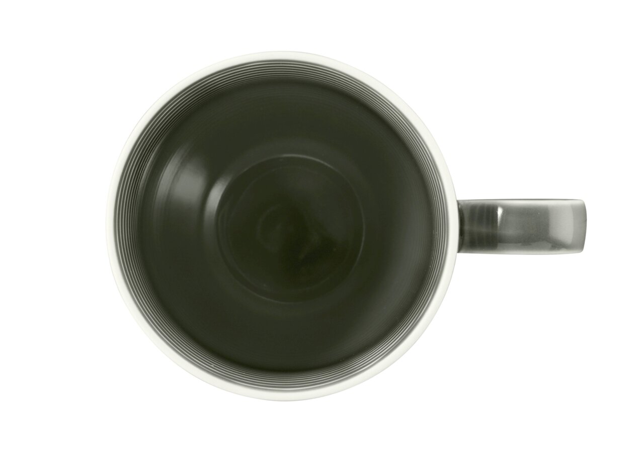 Draufsicht auf einen grauen Kaffeebecher mit Henkel, 0,35l, von ReSeltmann Weiden, Modell BEAT.