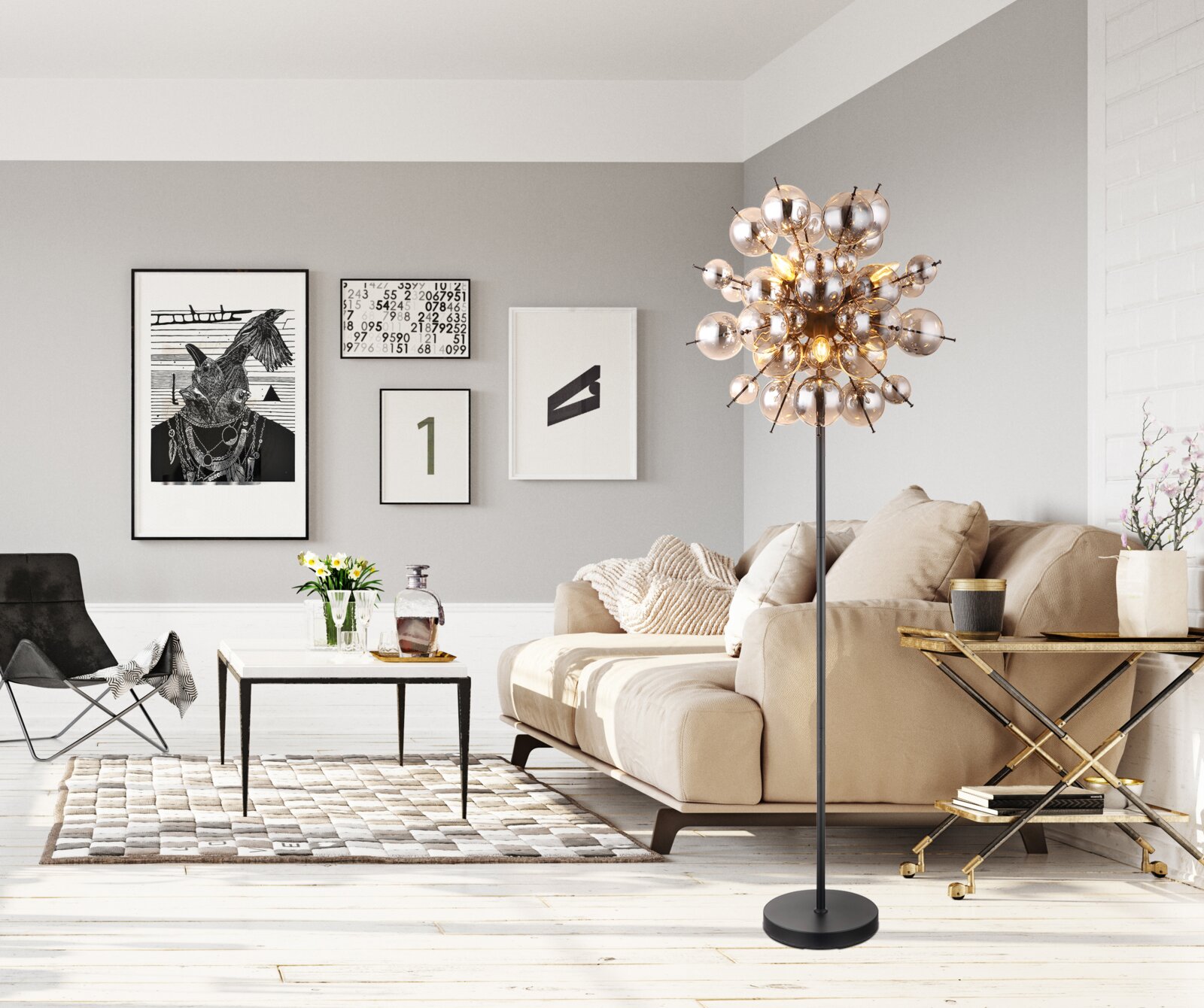 Globo Lighting Stehleuchte UDO Moderne Stehleuchte mit kugelförmigen Leuchten in einem stilvollen Wohnzimmer, seitliche Perspektive