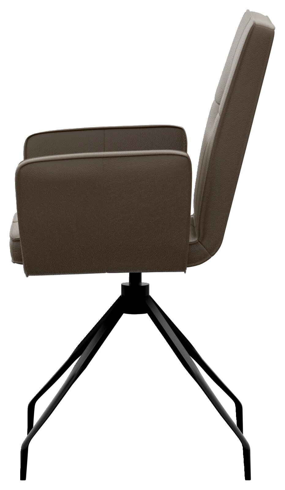 Zijaanzicht van een moderne gestoffeerde fauteuil/stoel in donkerbruin kunstleer met hoge rugleuning, armleuningen en zwart metalen vierpoot onderstel, vrijstaand op witte achtergrond