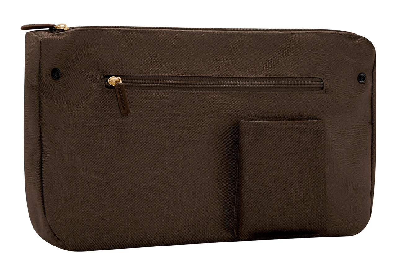 Braune Tasche mit Reißverschluss und kleiner Außentasche, seitliche Perspektive