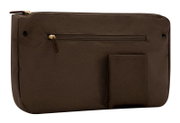 Braune Tasche mit Reißverschluss und kleiner Außentasche, seitliche Perspektive