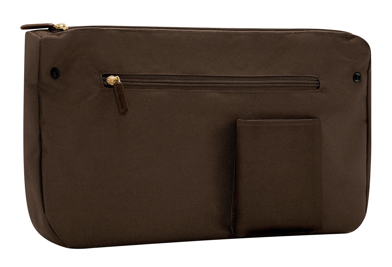 Braune Tasche mit Reißverschluss und kleiner Außentasche, seitliche Perspektive
