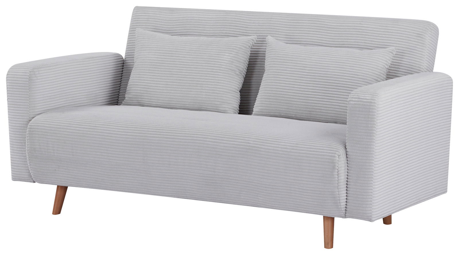 Graues Funktionssofa mit zwei Kissen, Vorderansicht