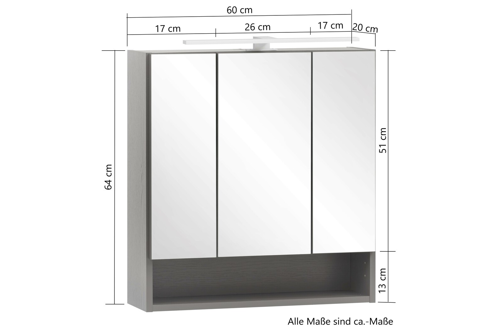 Spiegelschrank mit drei Türen und integrierter Beleuchtung, Frontansicht
