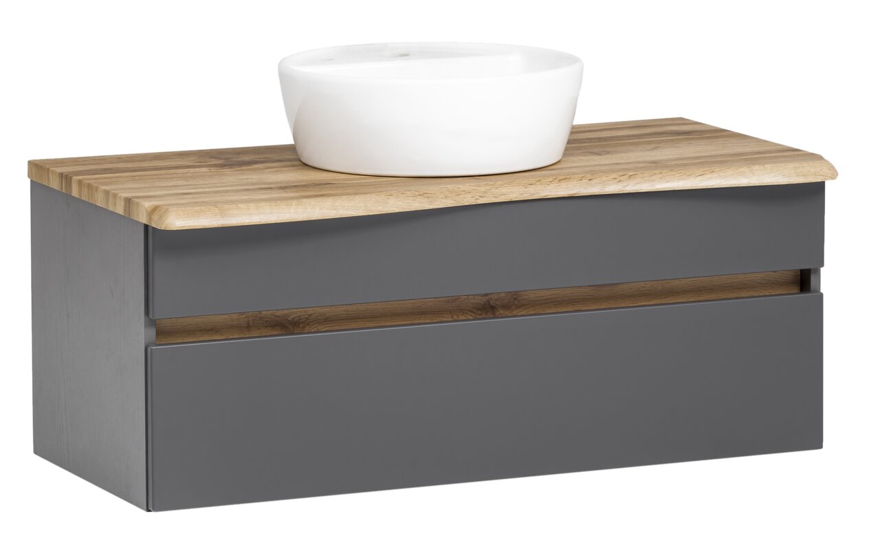Moderner Waschtisch mit grauem Korpus und Holzplatte, darauf ein weißes Aufsatzwaschbecken. Perspektive: Frontalansicht.