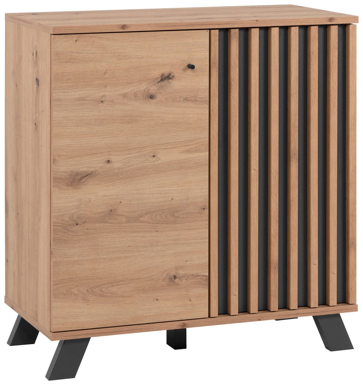 Kommode aus Holz mit einer Tür und vertikalen schwarzen Streifen, schräg von vorne fotografiert.