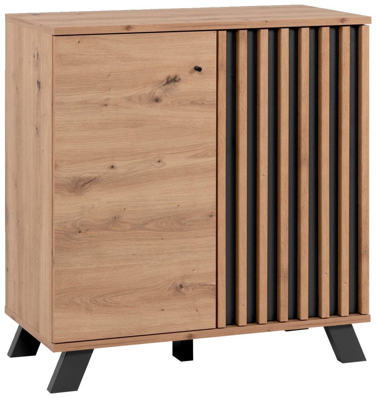 Kommode aus Holz mit einer Tür und vertikalen schwarzen Streifen, schräg von vorne fotografiert.