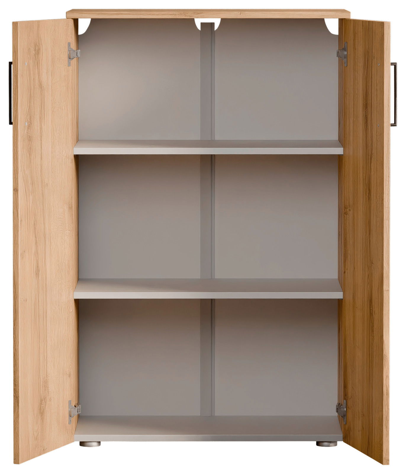 Offener Schuhschrank aus Holz mit zwei Türen und drei Regalböden, frontale Ansicht.