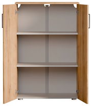 Offener Schuhschrank aus Holz mit zwei Türen und drei Regalböden, frontale Ansicht.