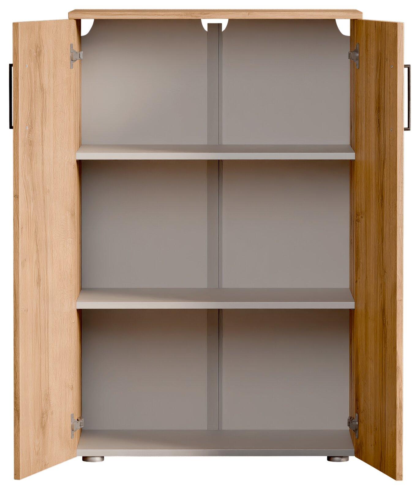 Offener Schuhschrank aus Holz mit zwei Türen und drei Regalböden, frontale Ansicht.