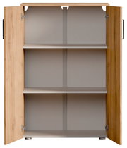 Offener Schuhschrank aus Holz mit zwei Türen und drei Regalböden, frontale Ansicht.