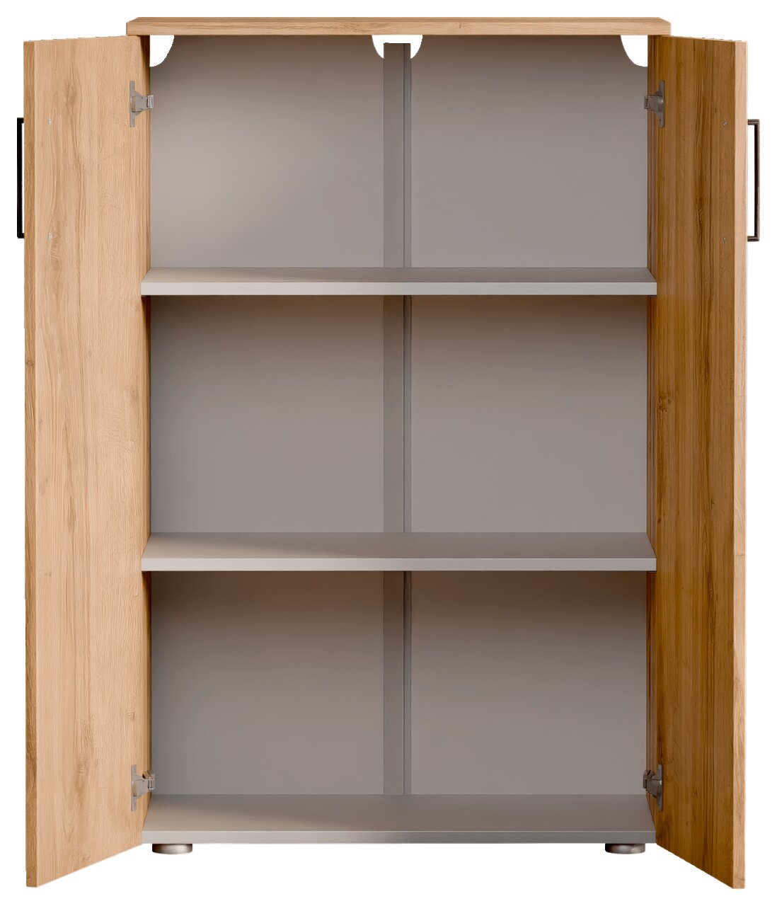 Offener Schuhschrank aus Holz mit zwei Türen und drei Regalböden, frontale Ansicht.