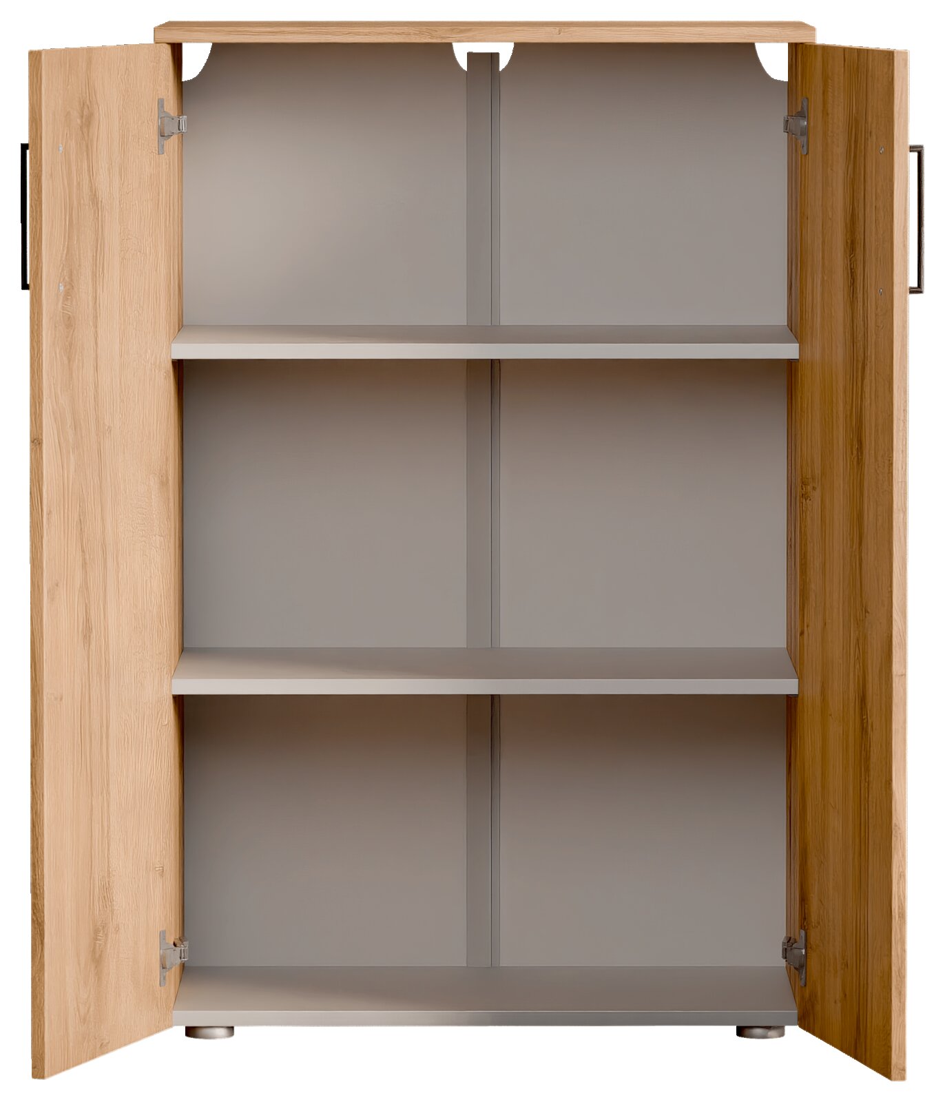 Offener Schuhschrank aus Holz mit zwei Türen und drei Regalböden, frontale Ansicht.