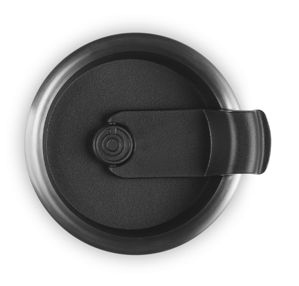 Bovenaanzicht van het deksel van een thermosbeker, zwart met klapsluiting.