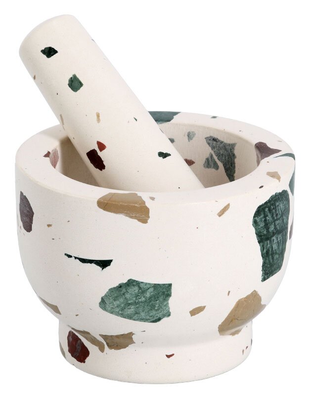 Mörser & Stößel-Set aus Terrazzo mit bunten Einsprengseln, seitliche Perspektive