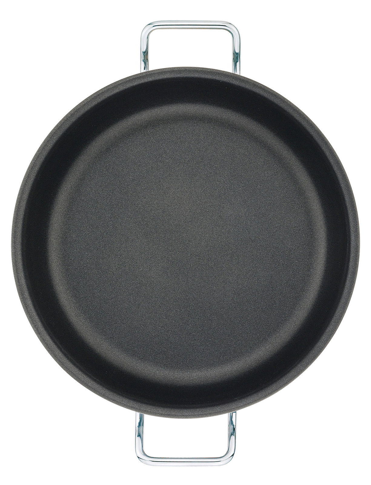 Vogelperspektive auf eine schwarze Servierpfanne XL CLASSIC mit zwei silbernen Griffen, 24 cm Durchmesser.