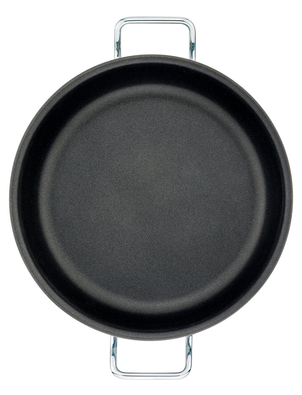 Vogelperspektive auf eine schwarze Servierpfanne XL CLASSIC mit zwei silbernen Griffen, 24 cm Durchmesser.