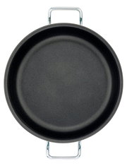 Vogelperspektive auf eine schwarze Servierpfanne XL CLASSIC mit zwei silbernen Griffen, 24 cm Durchmesser.