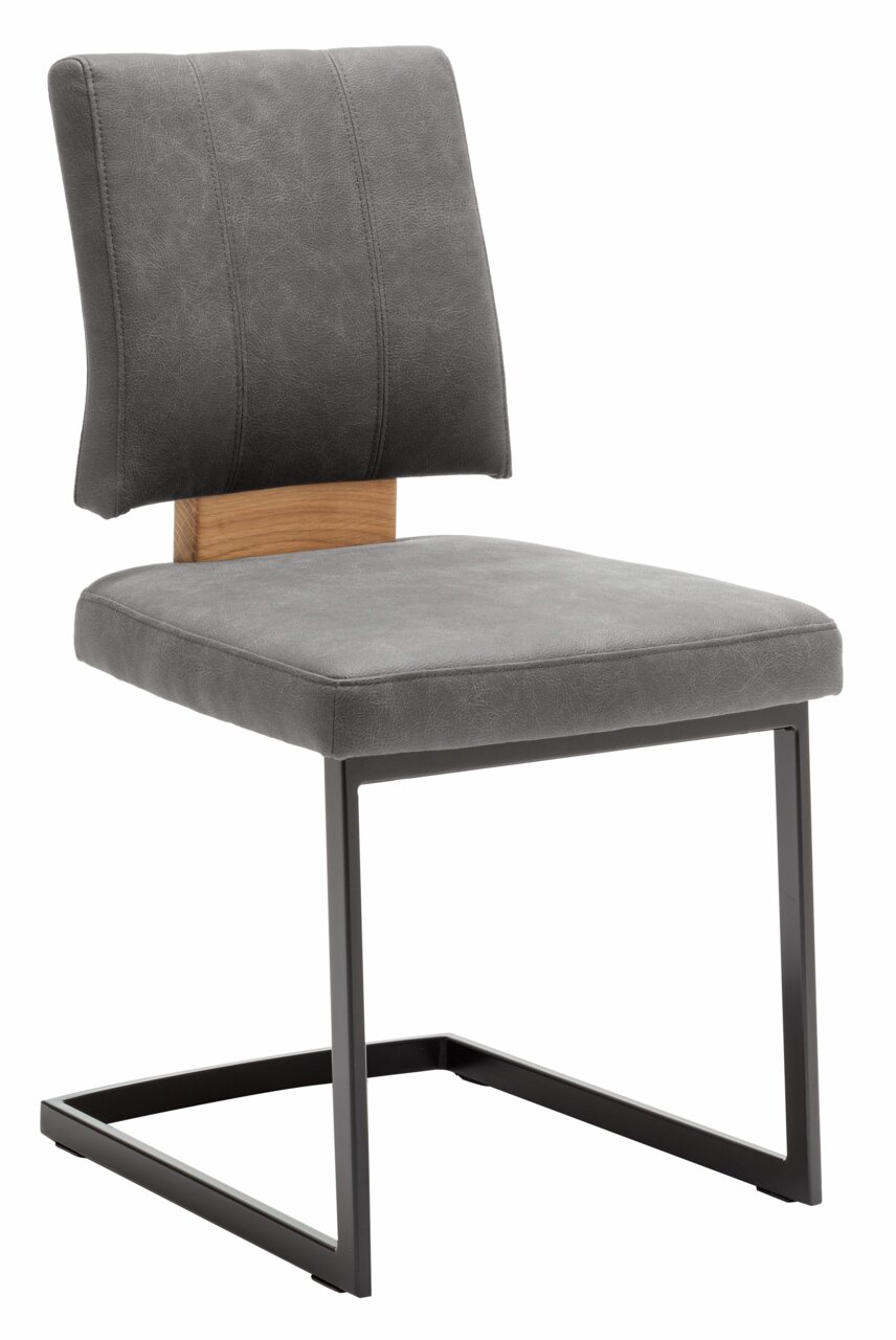 Freischwinger-Stuhl in seitlicher Perspektive mit grauem Polster und schwarzem Metallgestell.