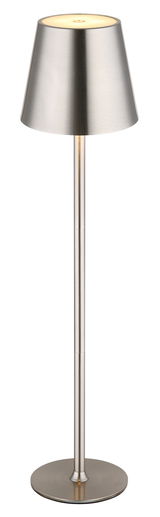 Moderne Tischleuchte VANNIE aus gebürstetem Metall, frontal abgebildet.