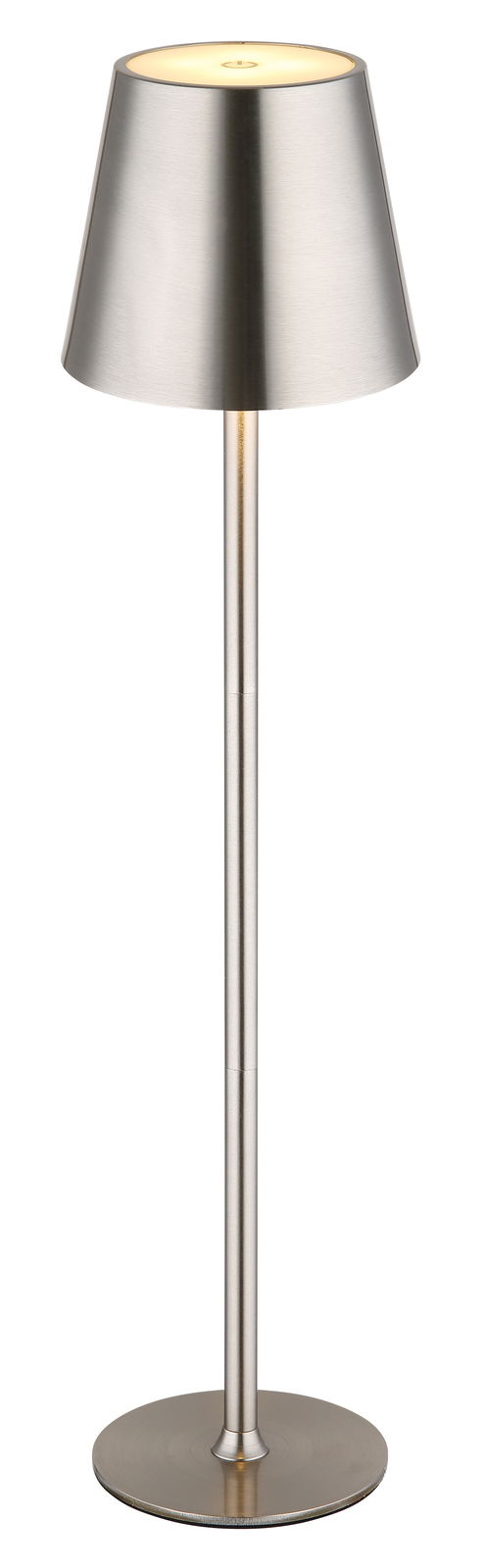 Moderne Tischleuchte VANNIE aus gebürstetem Metall, frontal abgebildet.