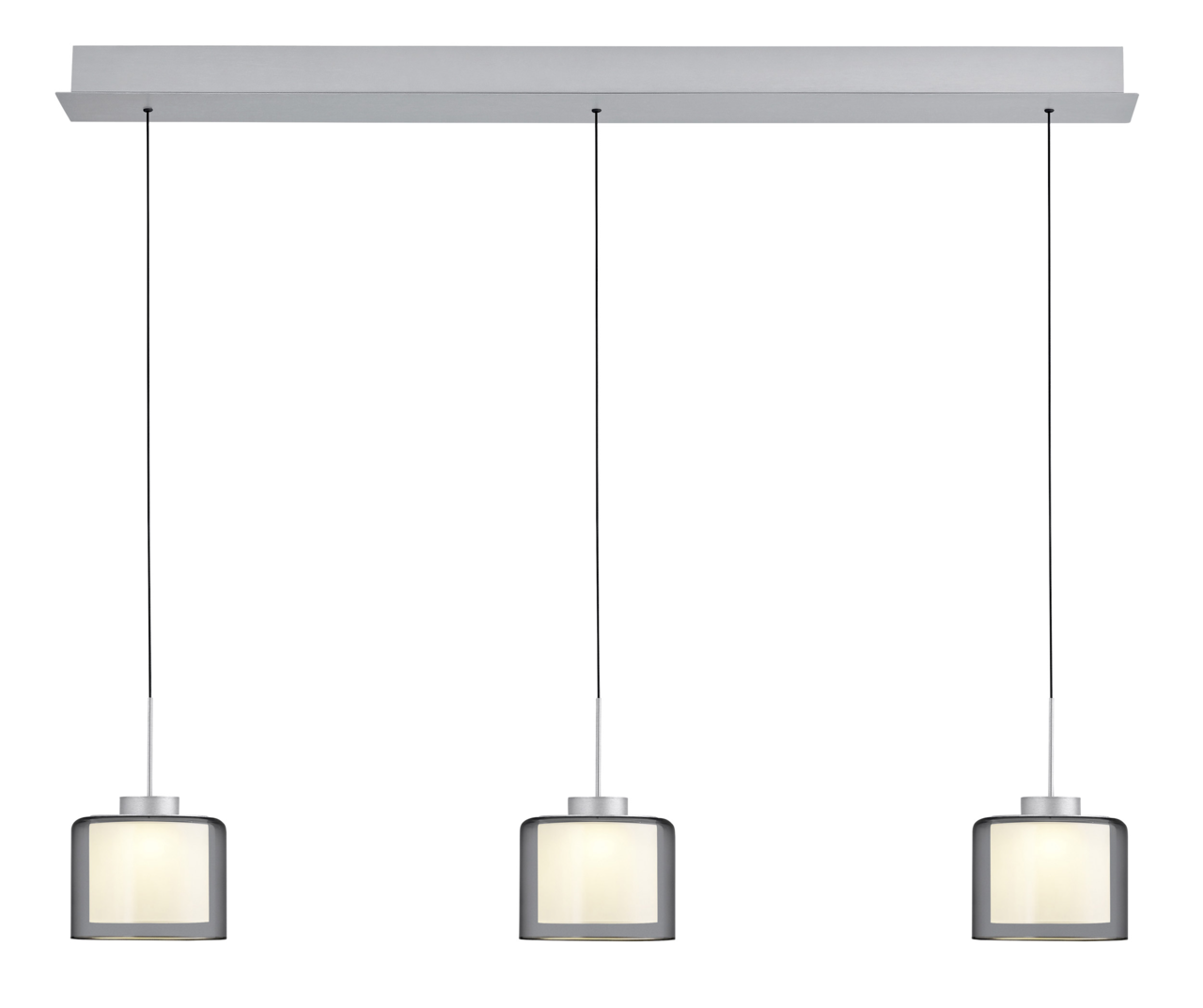 Dreifache LED-Pendelleuchte in moderner, minimalistischer Gestaltung, frontal abgebildet. Die Leuchten sind in einem eleganten, silbernen Finish gehalten und hängen an dünnen Kabeln von einer rechteckigen Deckenhalterung.