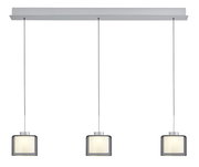 Dreifache LED-Pendelleuchte in moderner, minimalistischer Gestaltung, frontal abgebildet. Die Leuchten sind in einem eleganten, silbernen Finish gehalten und hängen an dünnen Kabeln von einer rechteckigen Deckenhalterung.