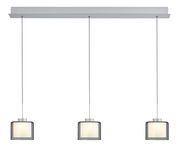 Dreifache LED-Pendelleuchte in moderner, minimalistischer Gestaltung, frontal abgebildet. Die Leuchten sind in einem eleganten, silbernen Finish gehalten und hängen an dünnen Kabeln von einer rechteckigen Deckenhalterung.