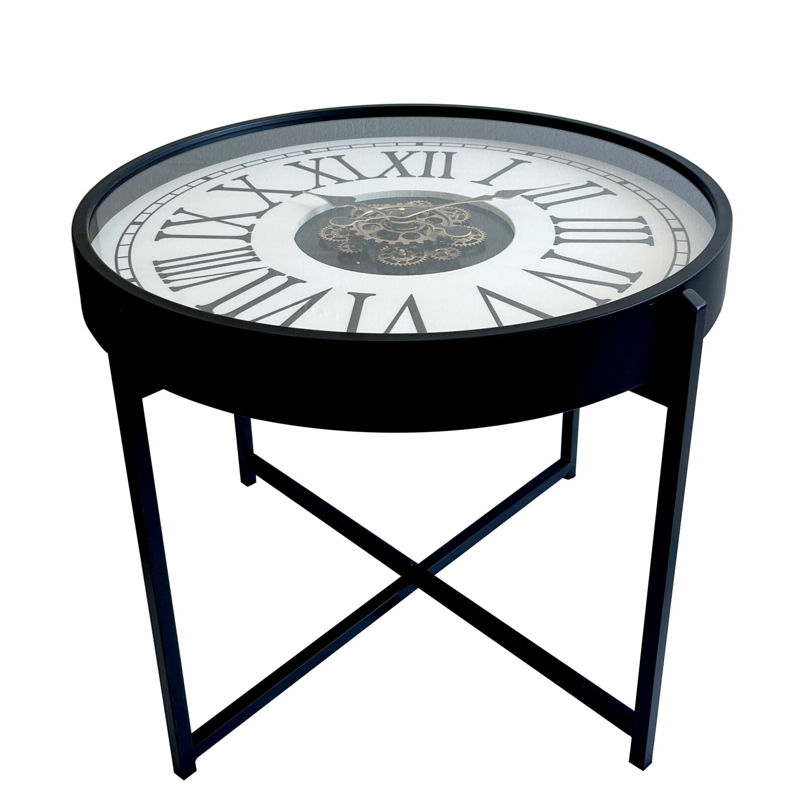 Ronde bijzettafel in zwart met een tafelblad in de vorm van een klok (Romeinse cijfers en zichtbaar uurwerk onder glas), afgebeeld in een schuin bovenaanzicht tegen een witte achtergrond.