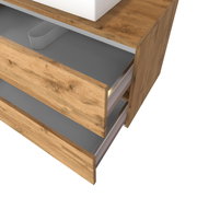 Waschtisch-Set mit Holzoptik und zwei offenen Schubladen, seitliche Perspektive