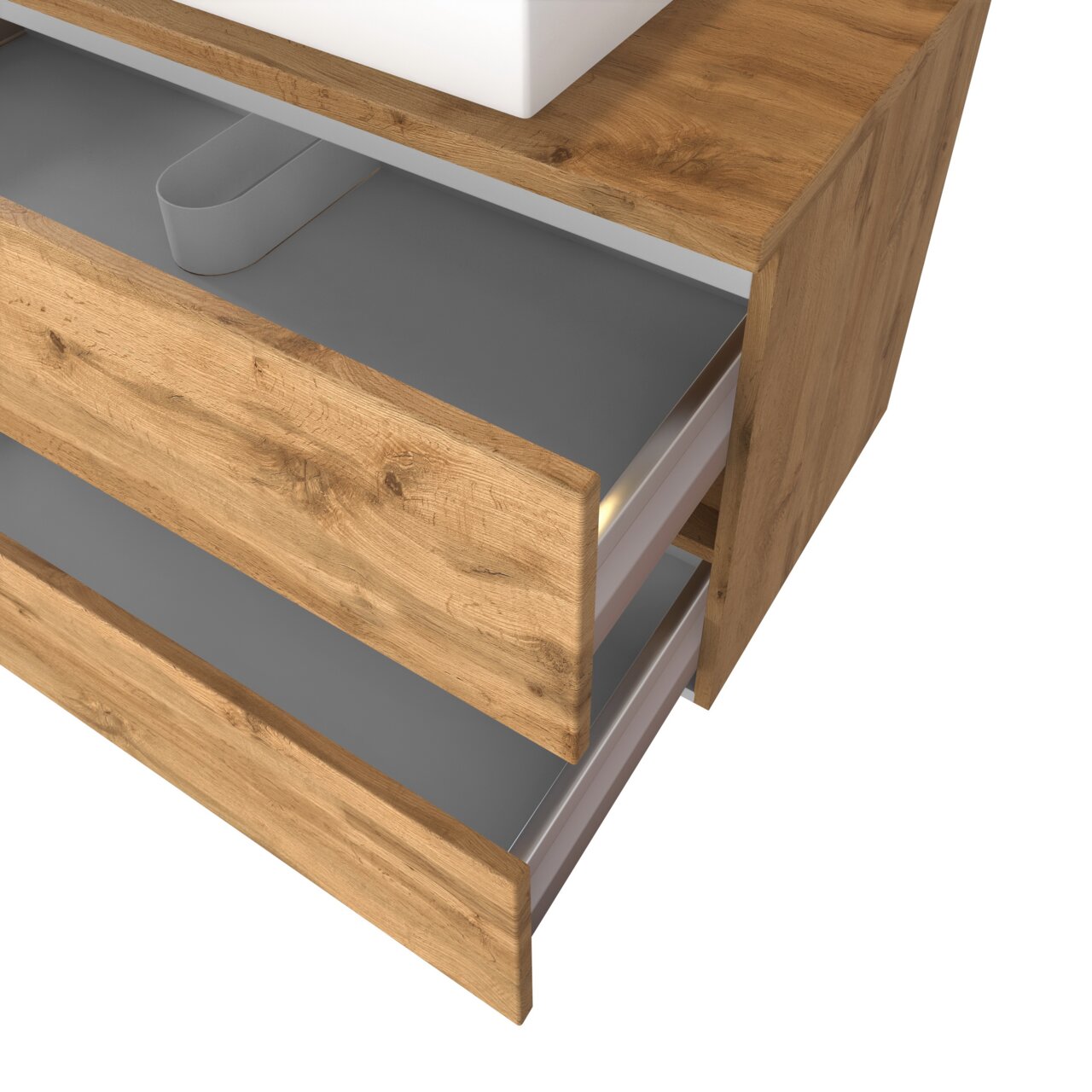 Wastafelset met houtlook en twee open lades, zijaanzicht