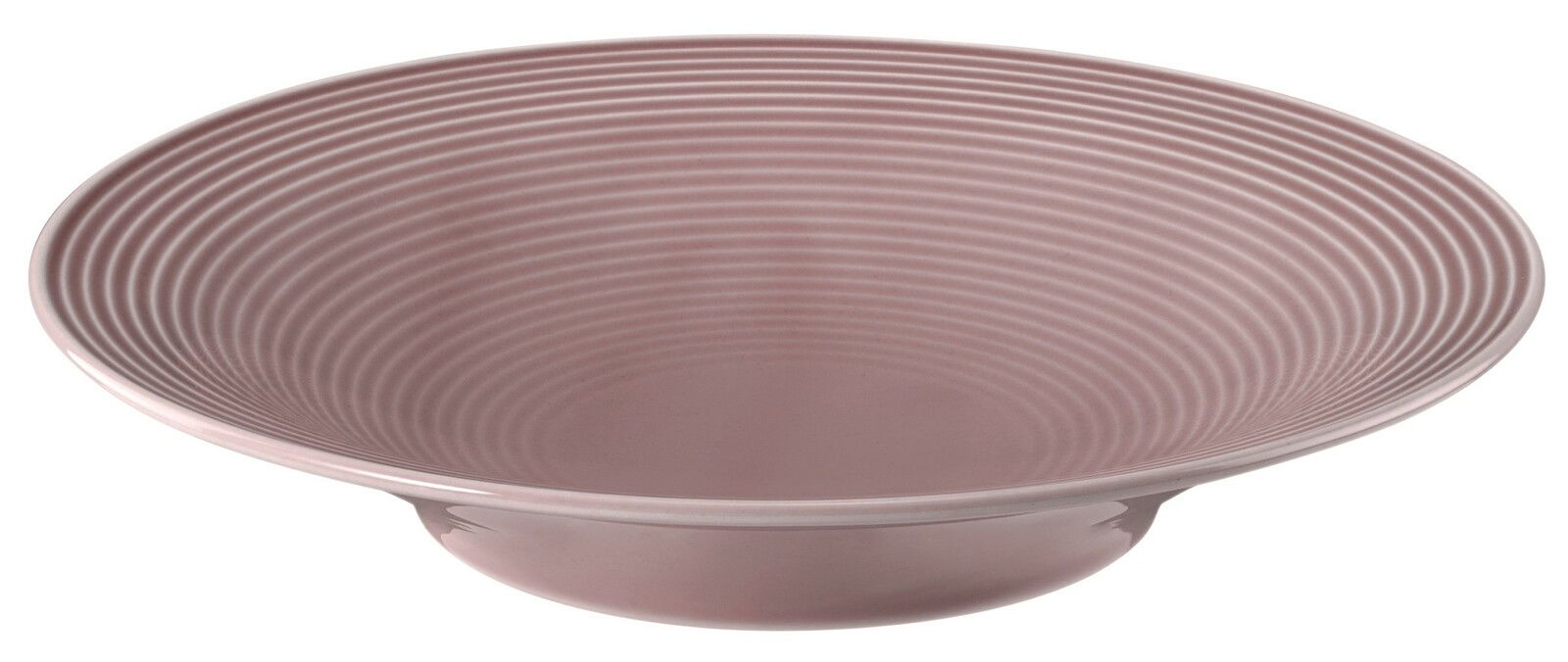 Runder Suppenteller mit geriffeltem Design in Rosa, seitliche Perspektive