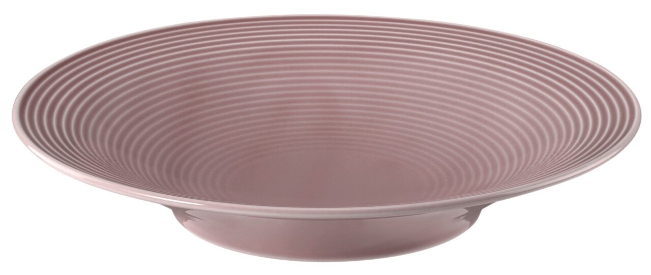 Runder Suppenteller mit geriffeltem Design in Rosa, seitliche Perspektive