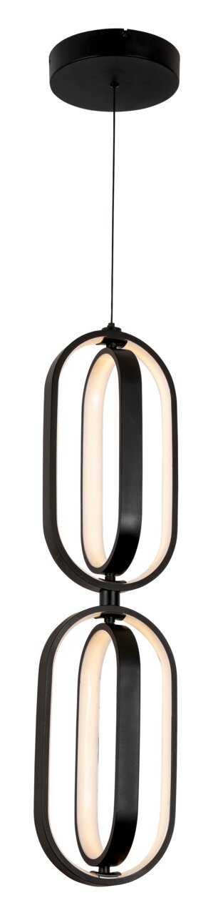 Moderne LED-Hängeleuchte mit zwei ovalen, schwarzen Rahmen und integrierter Beleuchtung, seitliche Perspektive