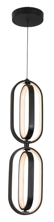 Moderne LED-Hängeleuchte mit zwei ovalen, schwarzen Rahmen und integrierter Beleuchtung, seitliche Perspektive