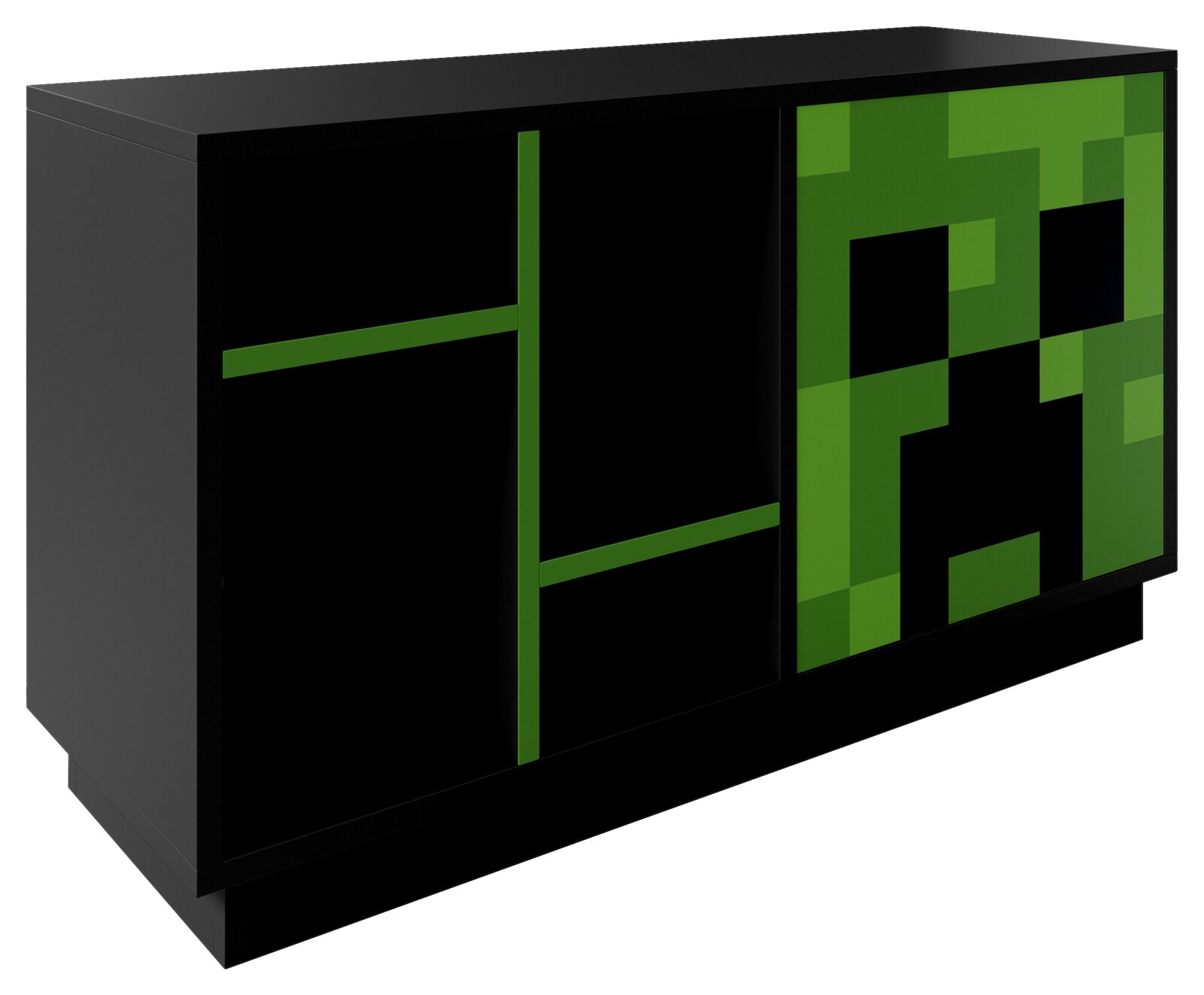 Schwarzes Sideboard mit grünen Akzenten und pixeligem Creeper-Motiv auf der rechten Schiebetür, gezeigt in schräger Frontansicht von links.