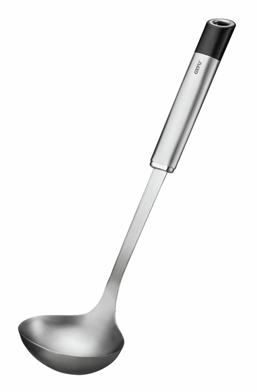 Edelstahlschöpflöffel PRIMELINE mit ergonomischem Griff, seitliche Perspektive
