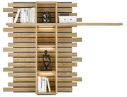 Modernes Wandregal aus hellem Holz mit horizontalen Lamellen, integrierten Fächern und LED-Beleuchtung, dekoriert mit Büchern, Vase und Figur – Frontansicht.