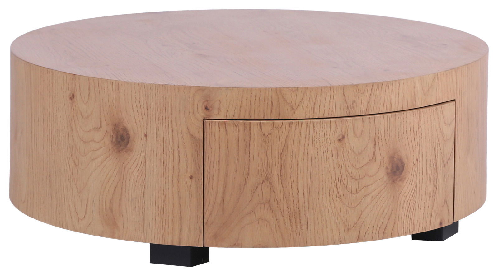 Runder Couchtisch aus Holz mit natürlicher Maserung, seitliche Perspektive