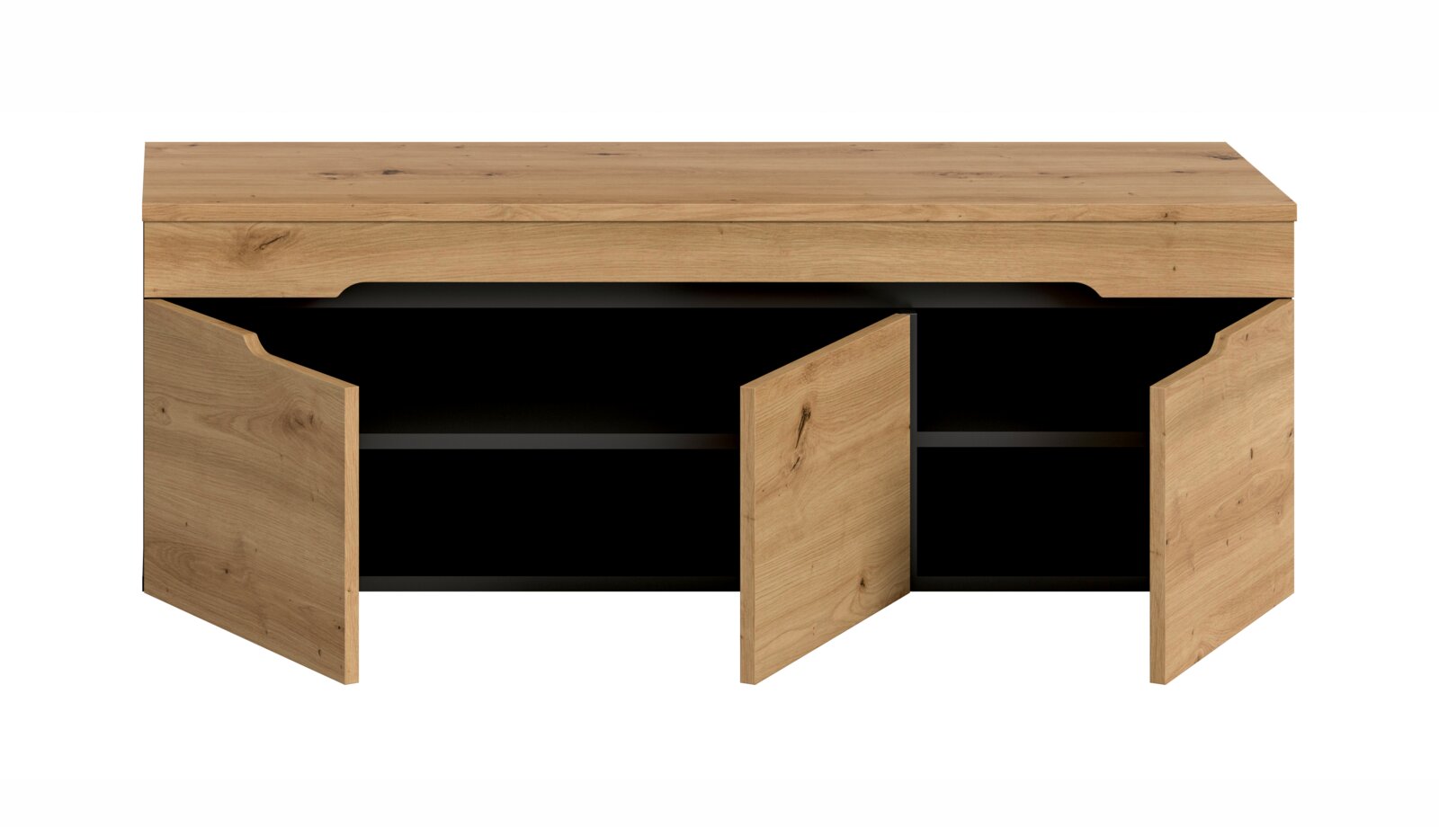 Holz-Sideboard in Eichenoptik mit drei geöffneten Türen und schwarzem Innenraum, frontal in leichter Draufsicht auf weißem Hintergrund