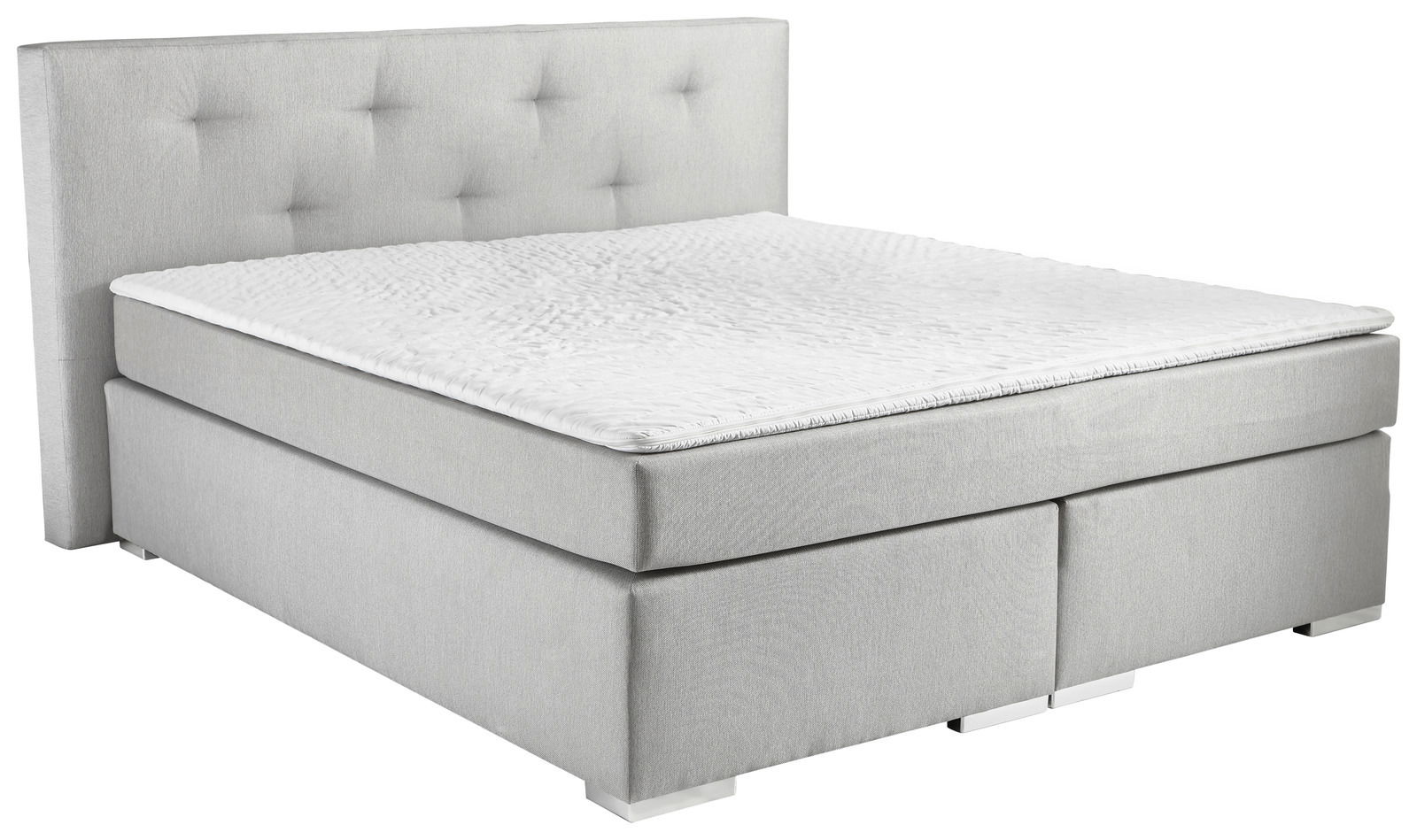 Boxspringbett in hellem Grau mit gestepptem Kopfteil, seitliche Perspektive