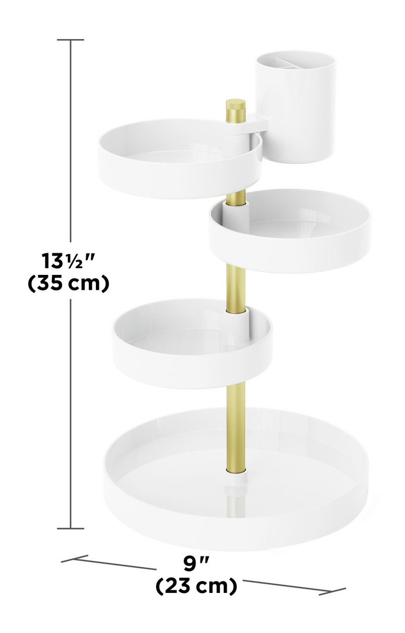 Weißer und goldener Pirouette-Organizer mit mehreren Ebenen, seitliche Perspektive