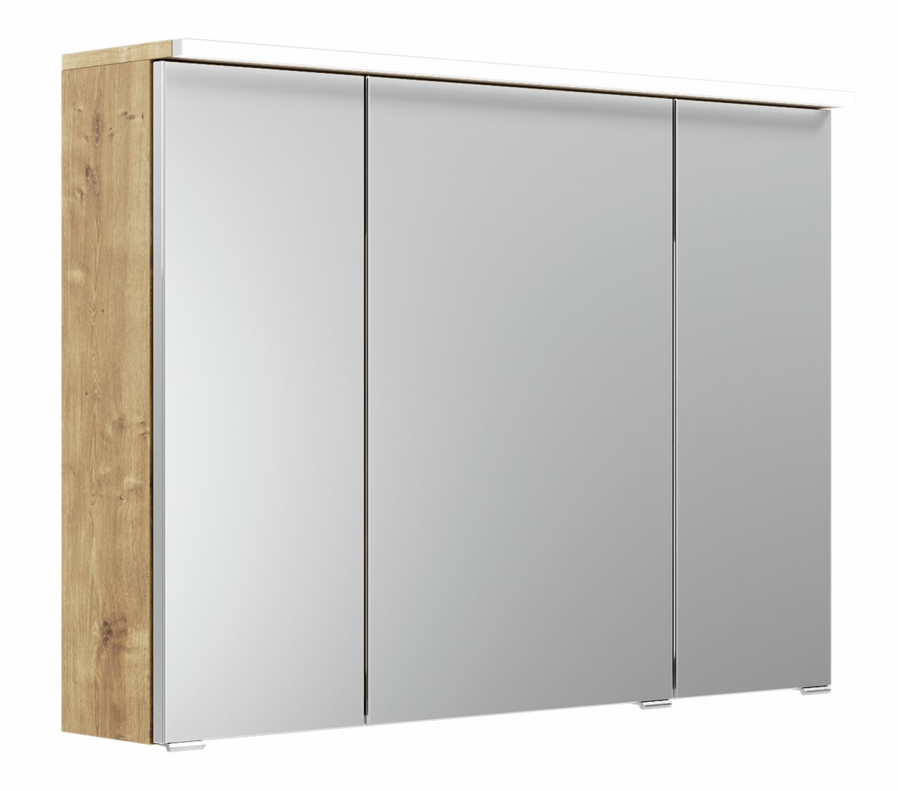 Spiegelschrank mit drei Türen und Holzseitenansicht, perspektivisch von der linken Seite fotografiert.