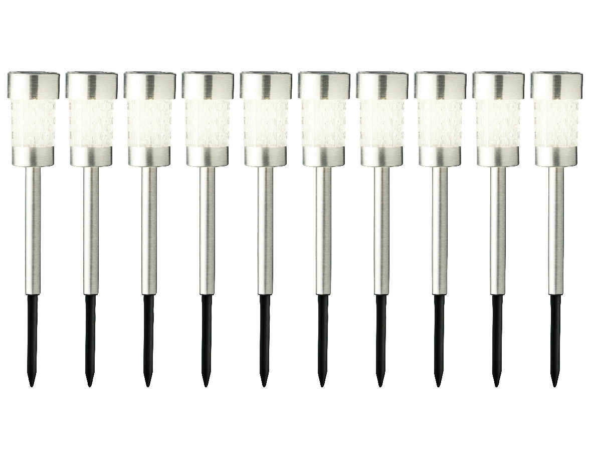 Reihe von zehn Edelstahl-Solarstabbeleuchten mit schwarzem Erdspieß, frontale Ansicht