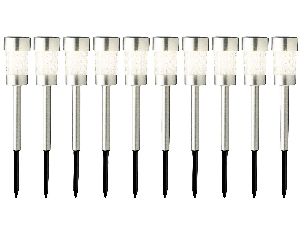 Lumineo Solarleuchte Gartenstecker 10er-Set Reihe von zehn Edelstahl-Solarstabbeleuchten mit schwarzem Erdspieß, frontale Ansicht