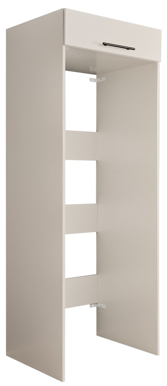 XORA Doppel-Geräteschrank PRIMUS Weißer Schrankkorpus mit oberer Schublade und schwarzem Griff, offene Frontansicht in leichter Seitenperspektive (3/4-Ansicht) vor weißem Hintergrund.