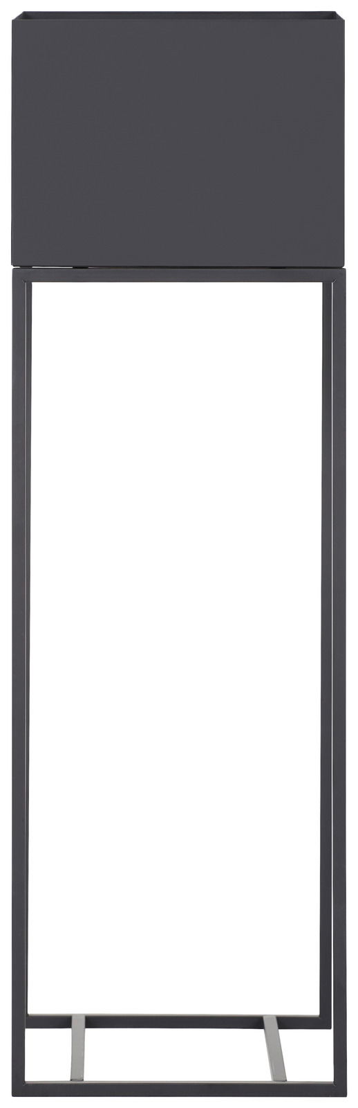 Moderne Blumensäule aus Metall in schwarzer Farbe, frontal abgebildet.