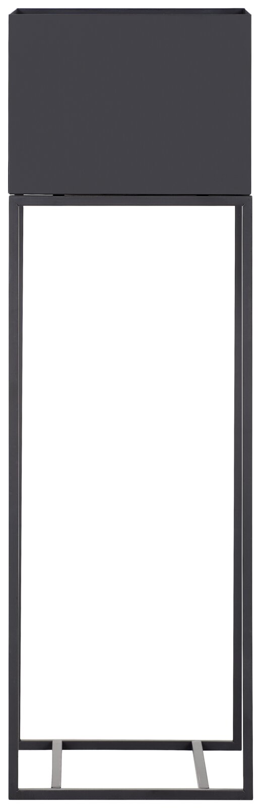 Moderne Blumensäule aus Metall in schwarzer Farbe, frontal abgebildet.